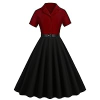 Women 1950s Vintage Shirt Dress Short Sleeve Peter Pan Collar Color Block Dress Audrey Hepburn Cocktail Swing Dress