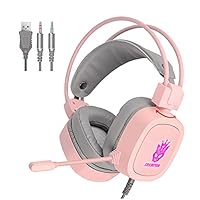 Gaming Headset 3.5Mm Wired Headset RGB Light Game Headphones Noise Cancelling with Microphone for Laptop(Pink)