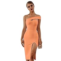 Women's One Shoulder Satin Strapless Evening Dress Side Split Sleeveless A Line Ball Gowns Light Orange
