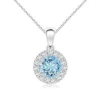 925 Sterling Silver Aquamarine Brilliant Cut Round 6.00Mm Holo Accents Pendant For Women
