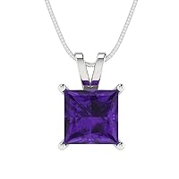 2.05 ct Brilliant Princess Cut Natural Amethyst Solitaire Pendant Necklace With 16