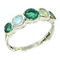 925 Sterling Silver Natural Emerald and Opal Womens Band Ring - Sizes 4 to 12 Available