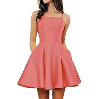 Spaghetti Strap Homecoming Dresses for Teens 2024 Satin Short Junior Prom Dresses with Pockets