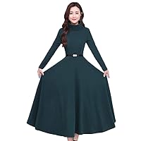 Autumn Winter Flannel Thick Warm Dress Women Black Korean Party Elegant Turtleneck