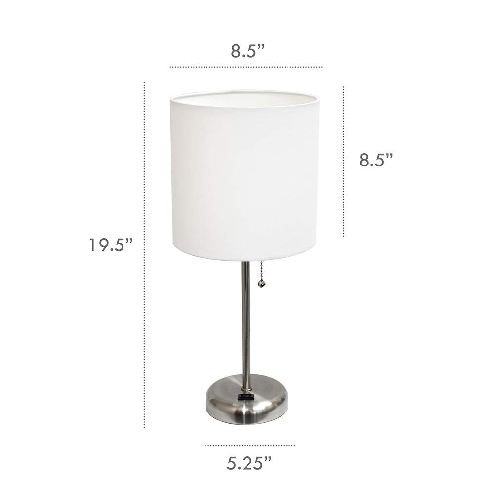 Limelights LT2024-WHT Brushed Steel Stick Table Desk Lamp with Charging Outlet and Drum Fabric Shade, White