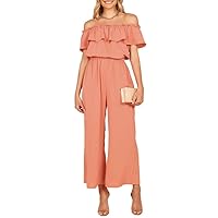 Dokotoo Women's Casual Off The Shoulder Short Ruffle Sleeves Jumpsuits Long Pant Rompers Jumpsuit with Pockets