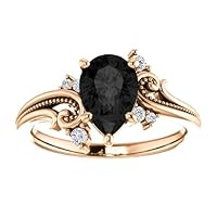 2 CT Vintage Floral Pear Shape Black Diamond Engagement Ring 10K Rose Gold, Filigree Tear Drop Black Diamond Ring, Elvish Black Onyx Pear Ring, Wedding Ring, Bridal Ring Set