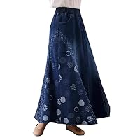 Spring Summer Bohemian Vintage Casual Denim Prairie Chic Holiday Jacquard Knitted Patchwork Pleated Skirts