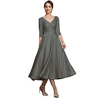 Women's V Neck 3/4 Sleeve Evening Dresses Tea-Length Formal Party Gowns Dark Grey