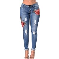 Andongnywell Women's Butt Lift Skinny Stretch Ripped Embroidery Jeans Embroidered Distressed Denim Pants