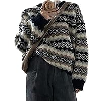 Women's Argyle Print Pullover Aztec Western Sweater Crewneck Grandpa Sweaters Vintage Aesthetic Fairy Grunge Clothes