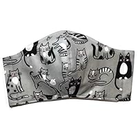 Gray Black Kitty Cat Face Mask, yarn milk paws tabby tuxedo, triple layer 100% cotton cloth, nose wire filter pocket washable, adjustable around Head elastic fabric tie, unisex man woman child girl