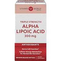 Vitamin World Alpha Lipoic Acid 300 mg. 120 softgels, Triple Strength, Antioxidant, Rapid-Release, Gluten Free