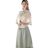 Traditional Chinese Clothing Women Cheongsam Top Hanfu Spring Short Sleeve Floral Embroidered Shirt Tops Suit