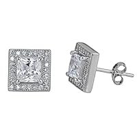 Sterling Silver Square Halo Pave Stud Earrings