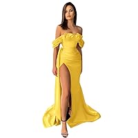 Women's Summer Prom Off The Shoulder Satin Mermaid Dresses with Slit Ball Gowns Evening Party Long Cocktail Dresses