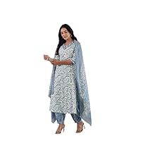 Women's Cotton Printed Kurti Set, 3/4 Sleeves, Dupatta Included, Blue