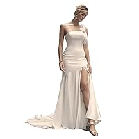 One Shoulder Mermaid Wedding Dresses for Bride with Slit Trumpet Satin Bridal Dress Wth Train Wedding Gown Ivory Us8