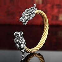 Vintage Punk Twisted Stainless Steel Wire Men Cuff Bangle Cool Personality Dragon Head Open Bangles Bracelets Male Rock Jewelry (Metal Color : Black)
