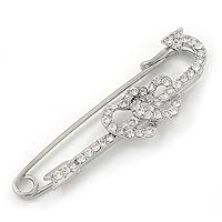 Diamante 'Double Heart' Safety Pin Brooch In Rhodium Plating - 7.5cm Length