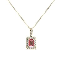 Emerald Cut Pink Tourmaline & Natural Diamond 3/4 ctw Women Halo Pendant Necklace. Included 18 Inches Chain 14K Gold