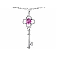Tommaso Design Key to my Heart Clover Pendant Necklace with Round Created Pink Sapphire 14 kt White Gold