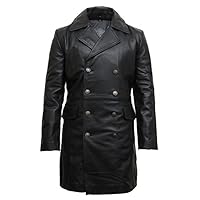 Leather Trench Coat Mens Black Cowhide Real Leather German Naval peacoat Coat Classic Military Style Retro (5XL)