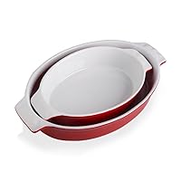 Sweejar Ceramic Au Gratin Dishes, Oval Baking Pan Set, Non-Stick Roasting Pan with Handles, Serving Casserole Dishes for Oven, Lasagna, 13.8 x 8.7 Inches, Set of 2 (Red)