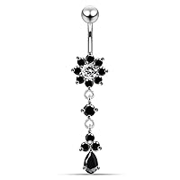 Fancy Flower Dangling 925 Sterling Silver with Stainless Steel Belly Button Navel Rings