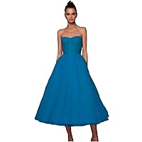 Women's Tea Length Sleeveless Bridesmaid Dress Simple V Neck Party Gowns Blue