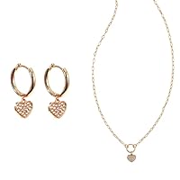 14K Gold Plated Heart Charm Drop Hoops and Pendant Necklace Set - Cubic Zirconia Pave Heart Charm - Jewelry Set for Women and Teens