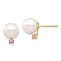 14k Gold 8 8.5mm White Round Freshwater Cultured Pearl Pink Topaz Post Earrings Measures 11.17mm long Jewelry for Women
