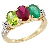 10K Yellow Gold Natural Peridot, Enhanced Ruby & Natural Emerald Ring 3-Stone Oval 7x5 mm Diamond Accent, Sizes 5-10