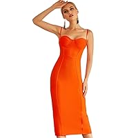 Exclusive Unique Women Evening Gown Dress Orange Sleeveless Halter Bandage Bodycon Dress