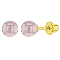 Gold Plated Rose Pink Simulated Pearl Safety Screw Back Earrings for Babies, Infants, and Toddlers - Sweet and Classy Rose Pink Simulated Pearl Earrings Great Gift for Birthday or Baptism
