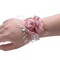 Decent Wrist Corsage for Prom Party Wedding Ball Event Silk Rose Rhinestone Hand Flower Classic Pearl Bracelet (Pink Blush)