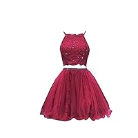 A line Two Pieces Short Homecoming Prom Dresses Lace Tulle Beaded Cross-Crissing Back 2024