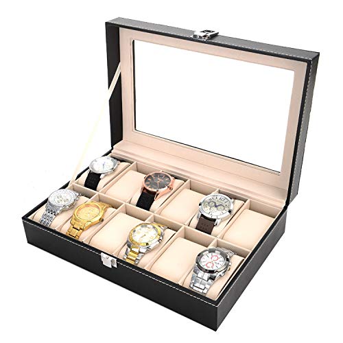 PENGKE 12 Slots Watch Box,PU Leather Watch Organizer and Display Case with Glass Lid, Black Pack of 1