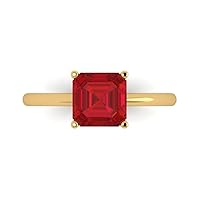 Clara Pucci 1.95ct Asscher Cut Solitaire Simulated Red Ruby 4-Prong Classic Designer Statement Ring Solid 14k Yellow Gold for Women