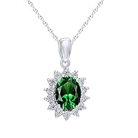 Oval Cut Created Emerald & White Topaz Halo Pendant for Her in 14k White Gold Over 925 Sterling Silver