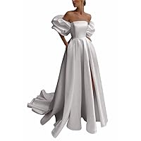 Detachable Puffy Sleeves Wedding Dresses for Bride with Pockets Satin High Slit Prom Dresses Ball Gowns