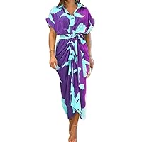 Women Button Down Ruched Shirt Dress Short Sleeve Lapel V Neck Elegant Party Maxi Floral Dress with Belt