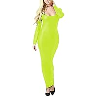 Scoop Neck Long Dress Ladies Sexy PU Leather Dress Crew Neck Long Sleeve Slim Fit Maxi Dress Faux Latex Leather Bodycon Dress