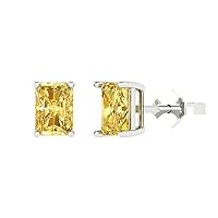 1.1 ct Emerald Cut Solitaire Genuine Natural Yellow Citrine Pair of Stud Earrings Solid 18K White Gold Butterfly Push Back
