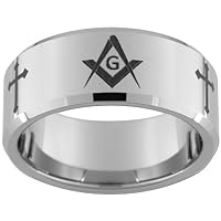 10mm Tungsten Carbide Masonic Square & Compass and Cross Ring (Full and Half Sizes 5-15)
