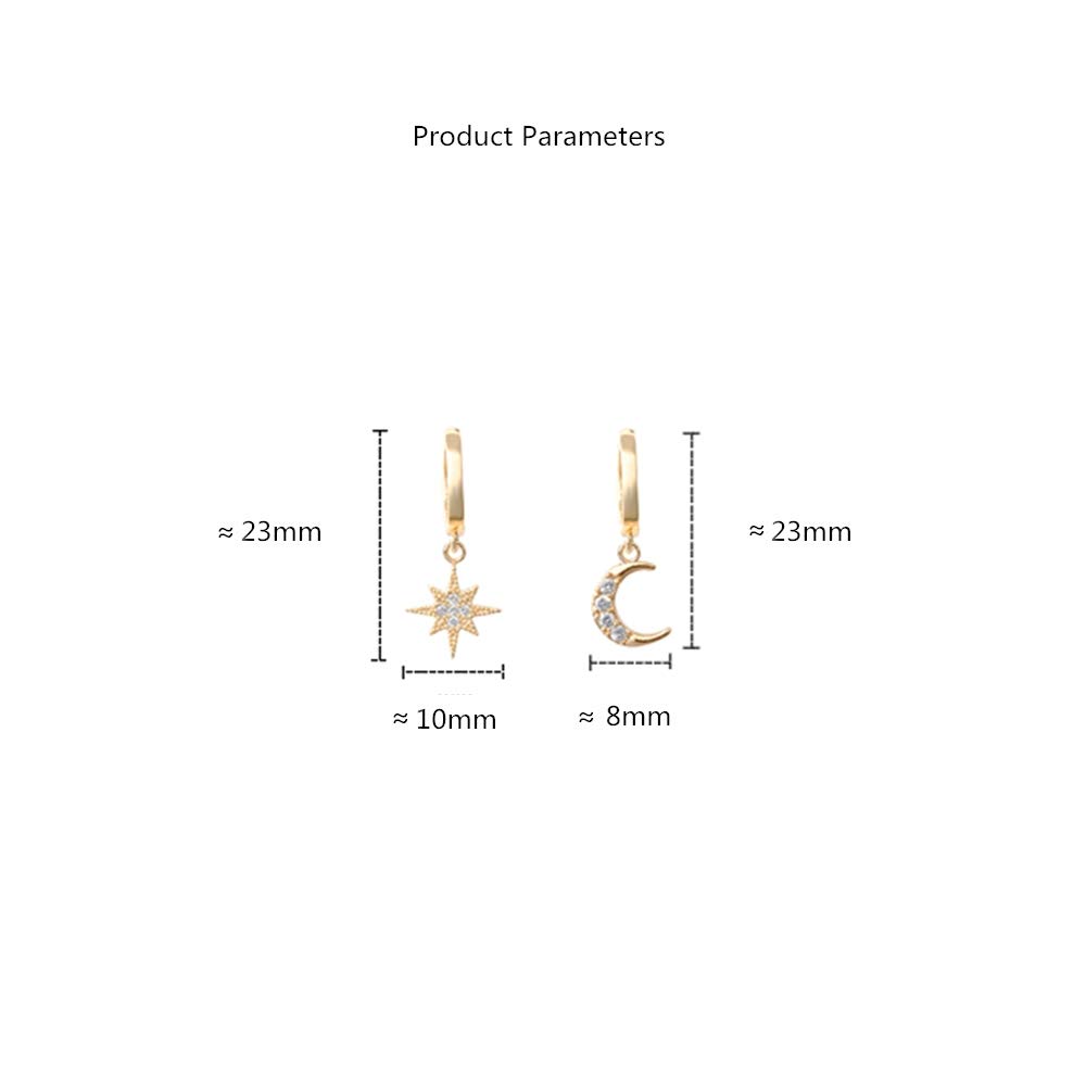 Crystal Moon Star Dangle Hoop Earrings for Women Teen Girls S925 Sterling Silver with Charms Asymmetrical CZ Diamond Drop Cartilage Cute Jewelry Delicate Fashion Birthday Gift Best Friend Gold Plated