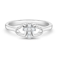 925 Sterling Silver Size 2-5 Religious Tiny Cross Cubic Zirconia Heart Rings for Girls - Beautiful Cross & Hearts Ring Bands for Young Girls - Faith CZ Cross Jewelry for Children & Preteens
