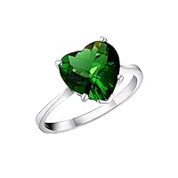 R0190 10mm Heart Shape Helenite Contemporary Style Sterling Silver Modern Ring (Green, 7)