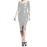 Half Sleeve Zipper Split Bodycon Square Collar Midi Dress Elegant Woman Shiny PVC Leather Party Pencil Dresses
