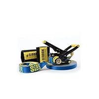 GIBBON Slacklines Flowline with treewear, Yellow/Blue, 82ft (74 ft line + 8ft Ratchet Strap with Reinforced Loop) 1